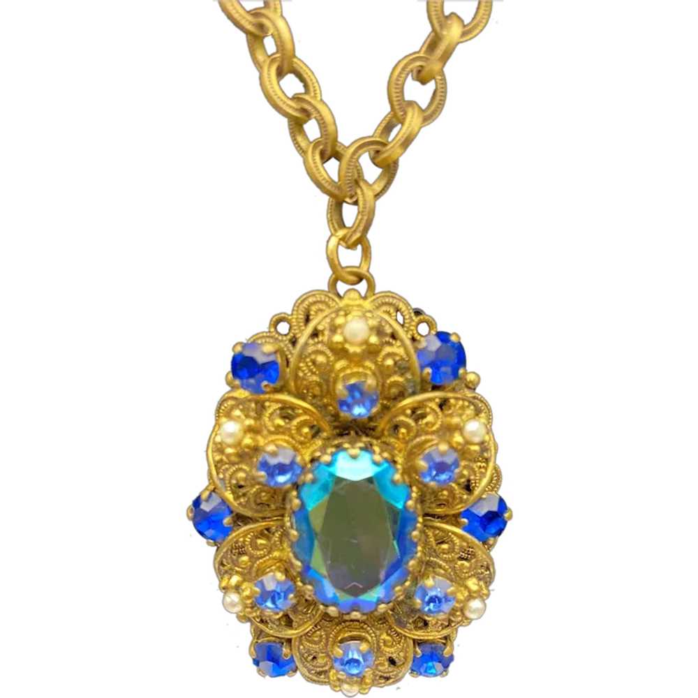 Ornate Filigree West Germany Pendant Necklace Blu… - image 2