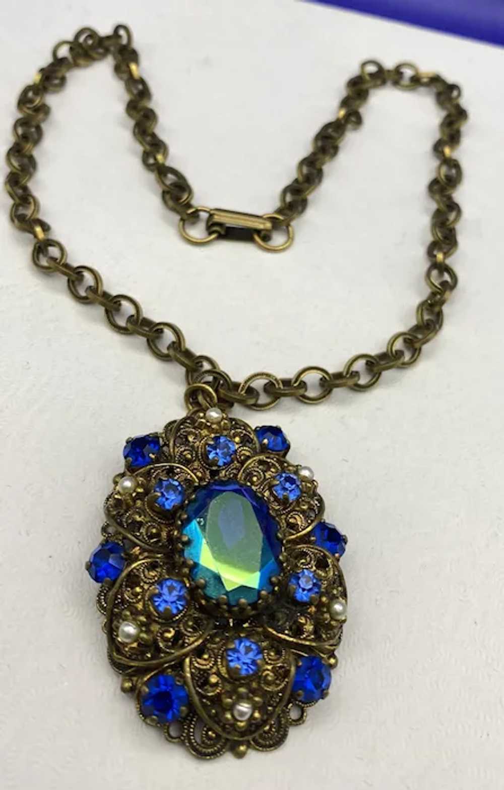 Ornate Filigree West Germany Pendant Necklace Blu… - image 5