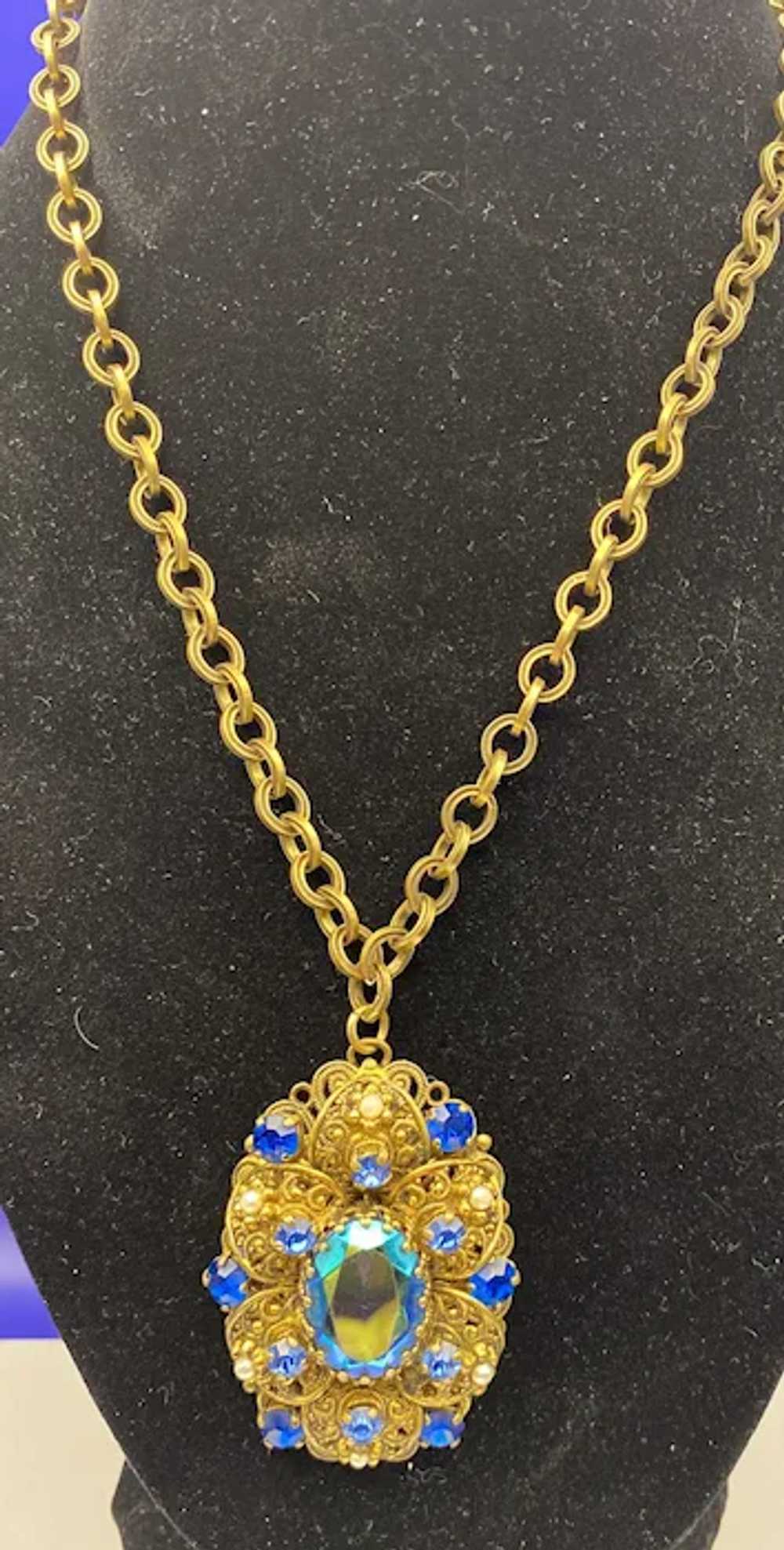 Ornate Filigree West Germany Pendant Necklace Blu… - image 6