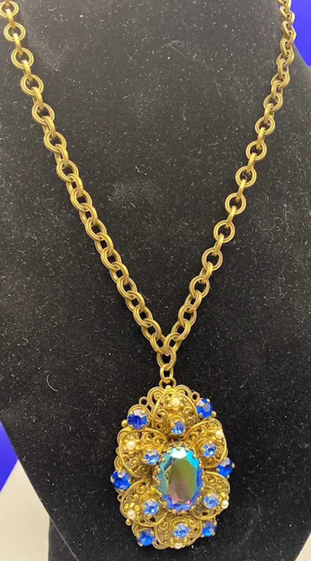 Ornate Filigree West Germany Pendant Necklace Blu… - image 7