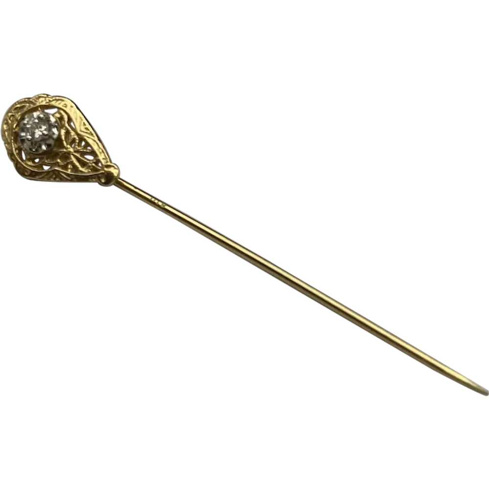 14K Yellow Gold Filigree Diamond Chaton Stick Pin - image 1