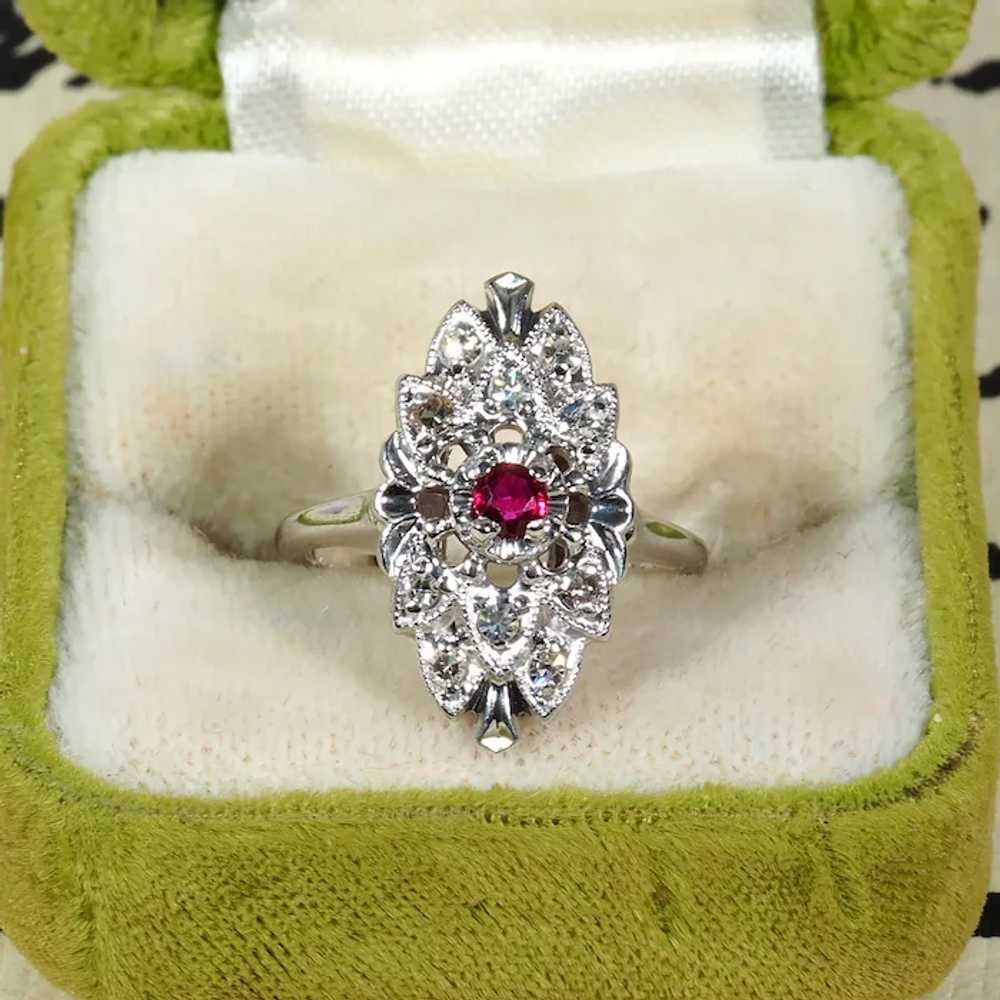 Retro .23 ctw Diamond & Ruby Ring in 14K White Go… - image 2