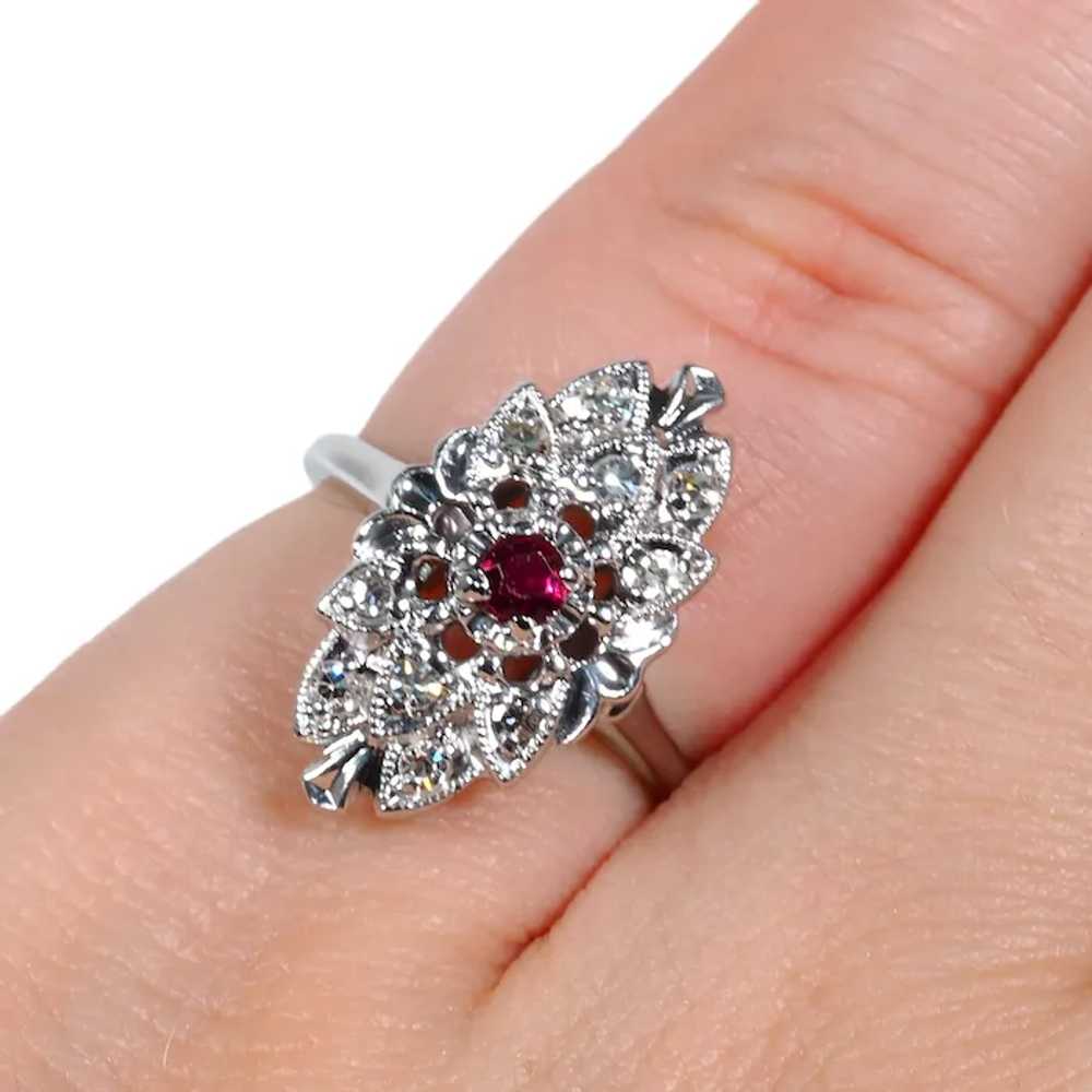 Retro .23 ctw Diamond & Ruby Ring in 14K White Go… - image 4