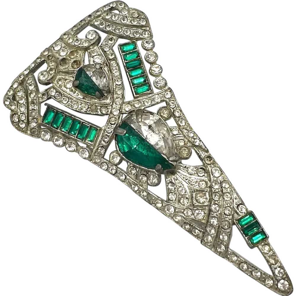 STUNNING Green and Clear Art Deco Brooch - image 1