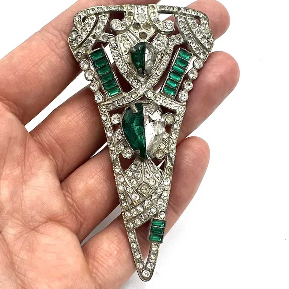 STUNNING Green and Clear Art Deco Brooch - image 2