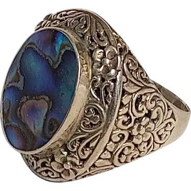 Sterling silver abalone ring ornate scroll flower… - image 1