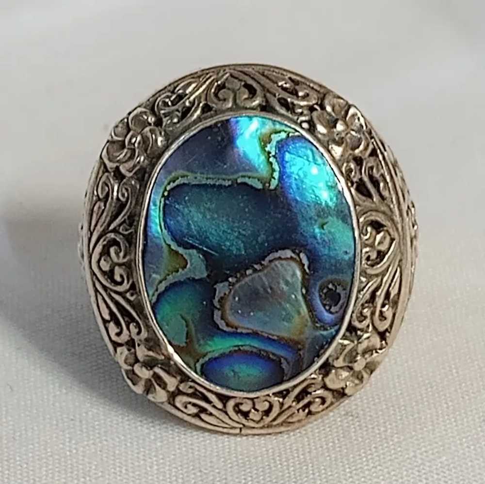 Sterling silver abalone ring ornate scroll flower… - image 2