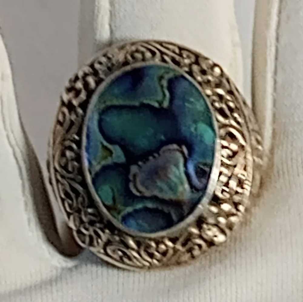 Sterling silver abalone ring ornate scroll flower… - image 7