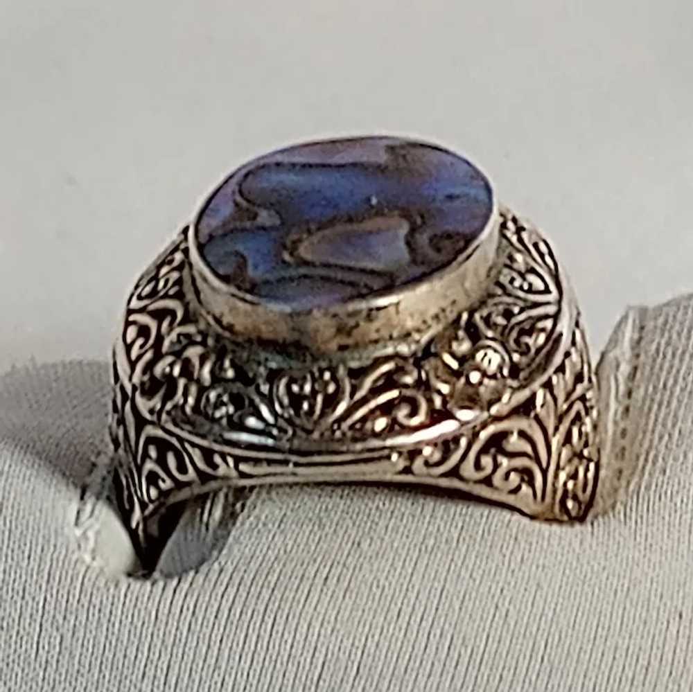 Sterling silver abalone ring ornate scroll flower… - image 8