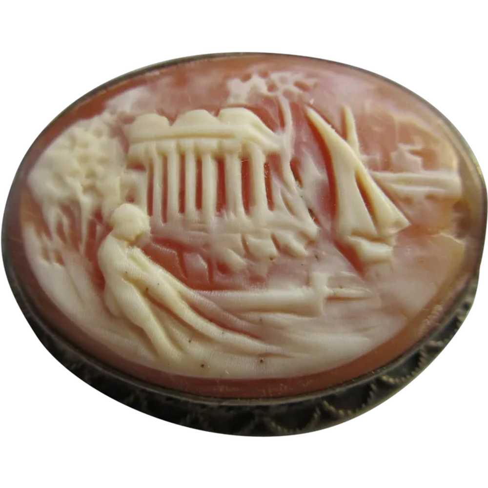 Vintage Sterling Carved Shell Cameo Pin Pendant - image 1