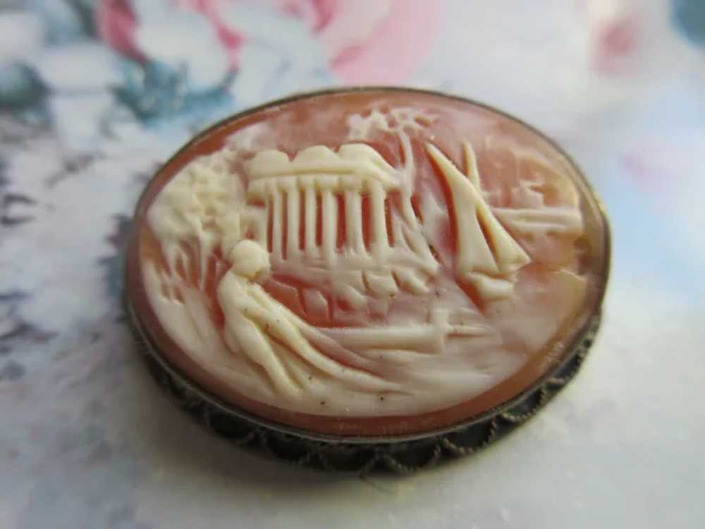 Vintage Sterling Carved Shell Cameo Pin Pendant - image 2