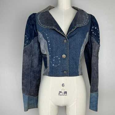 1970s Love Melody Denim and Leather Patchwork Jac… - image 1