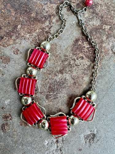 1950s Gold & Candy Apple Red Costume Necklace