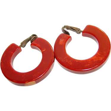 Lovely Bakelite HOOP Earrings (PAPRIKA Red with S… - image 1