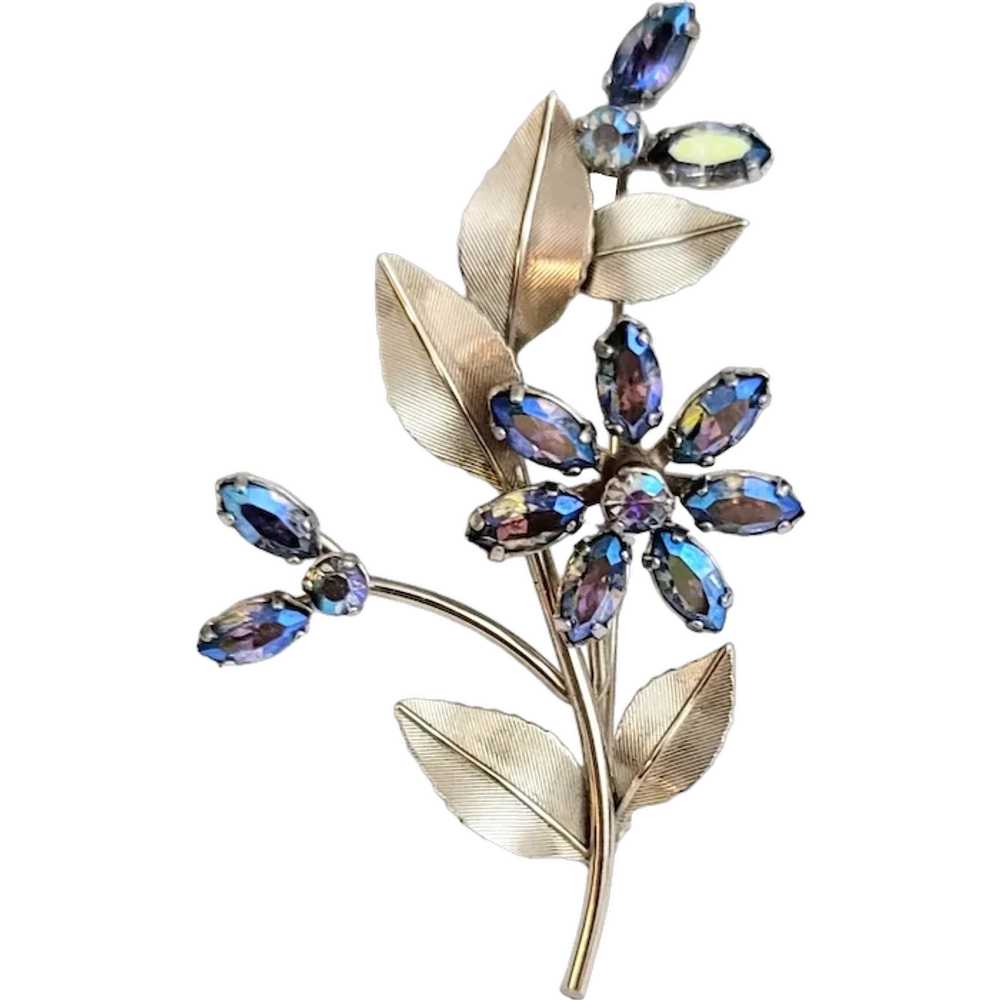 Krementz Silver Tone AB Blue Rhinestone Flowers B… - image 1