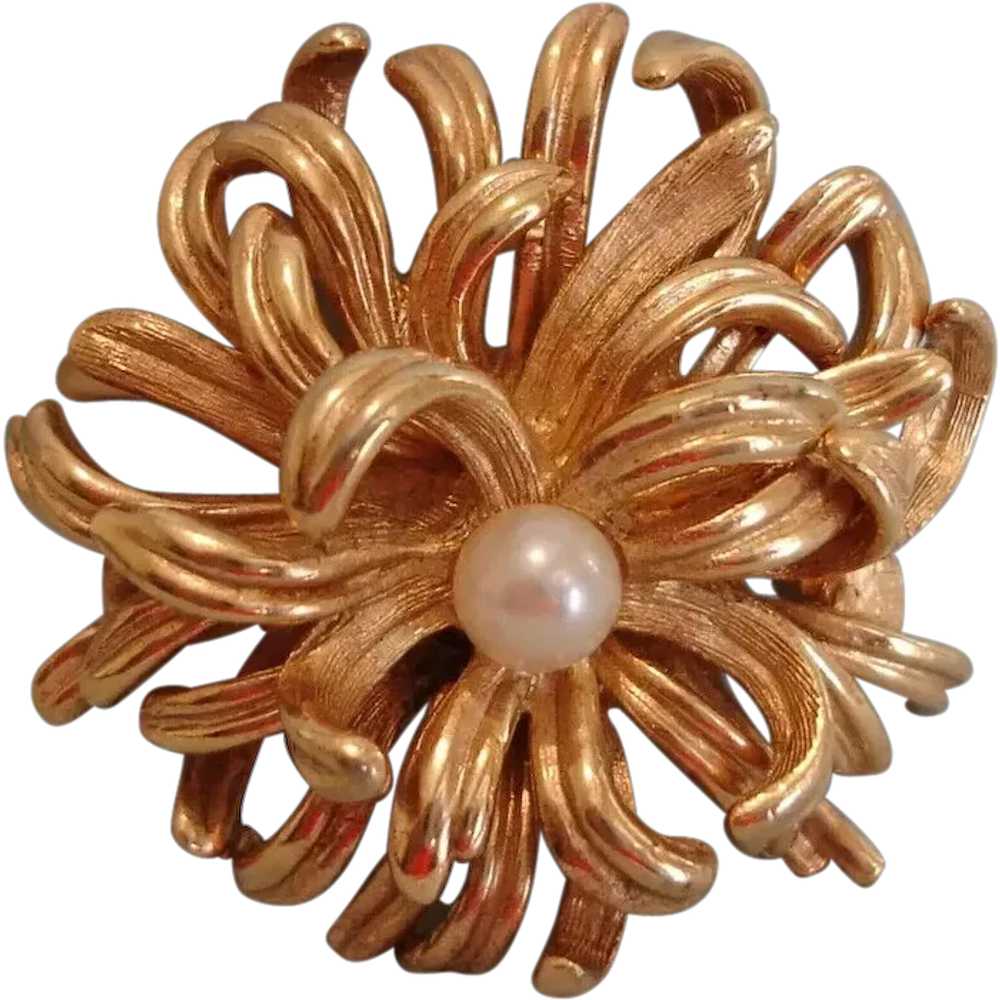 Vintage Signed Gold Plated Glass Pearl Brooch – P… - image 1