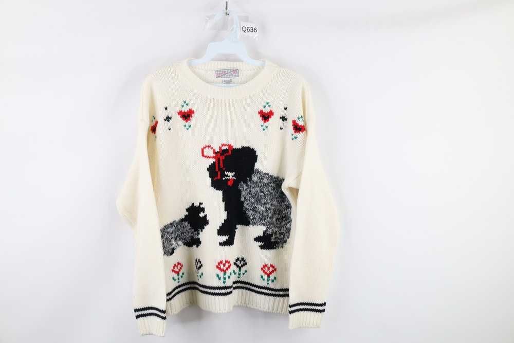 Vintage Vintage 90s Heart Flower Dog Knit Crewnec… - image 1