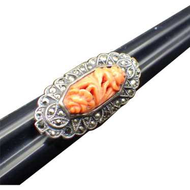 Carved Asian Angel Skin Coral and Marcasite Ring,… - image 1