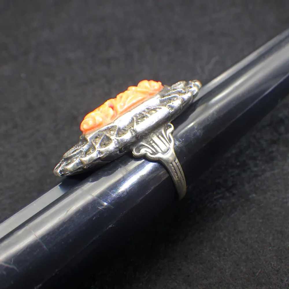 Carved Asian Angel Skin Coral and Marcasite Ring,… - image 2