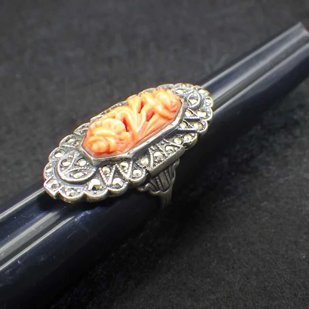 Carved Asian Angel Skin Coral and Marcasite Ring,… - image 6