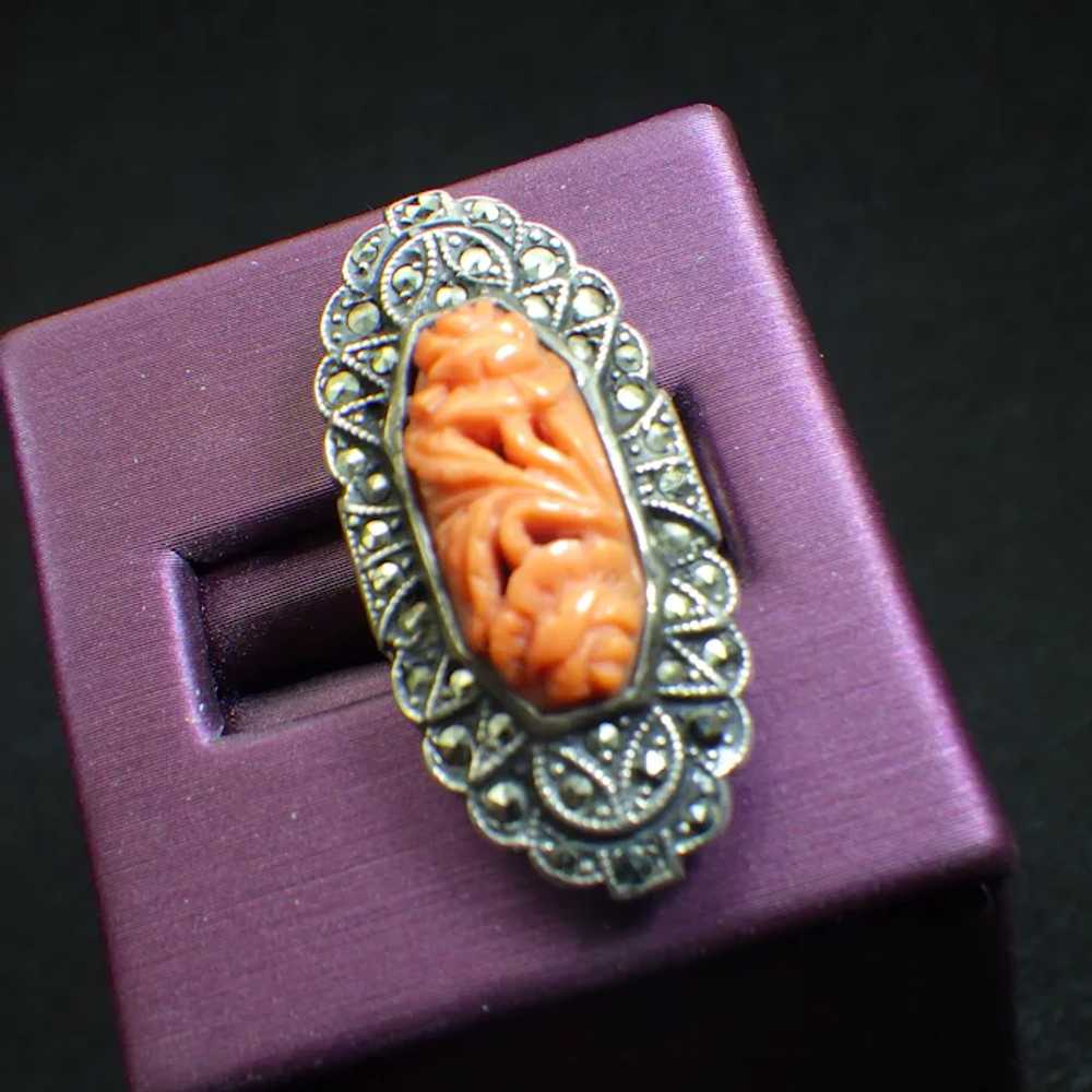 Carved Asian Angel Skin Coral and Marcasite Ring,… - image 7