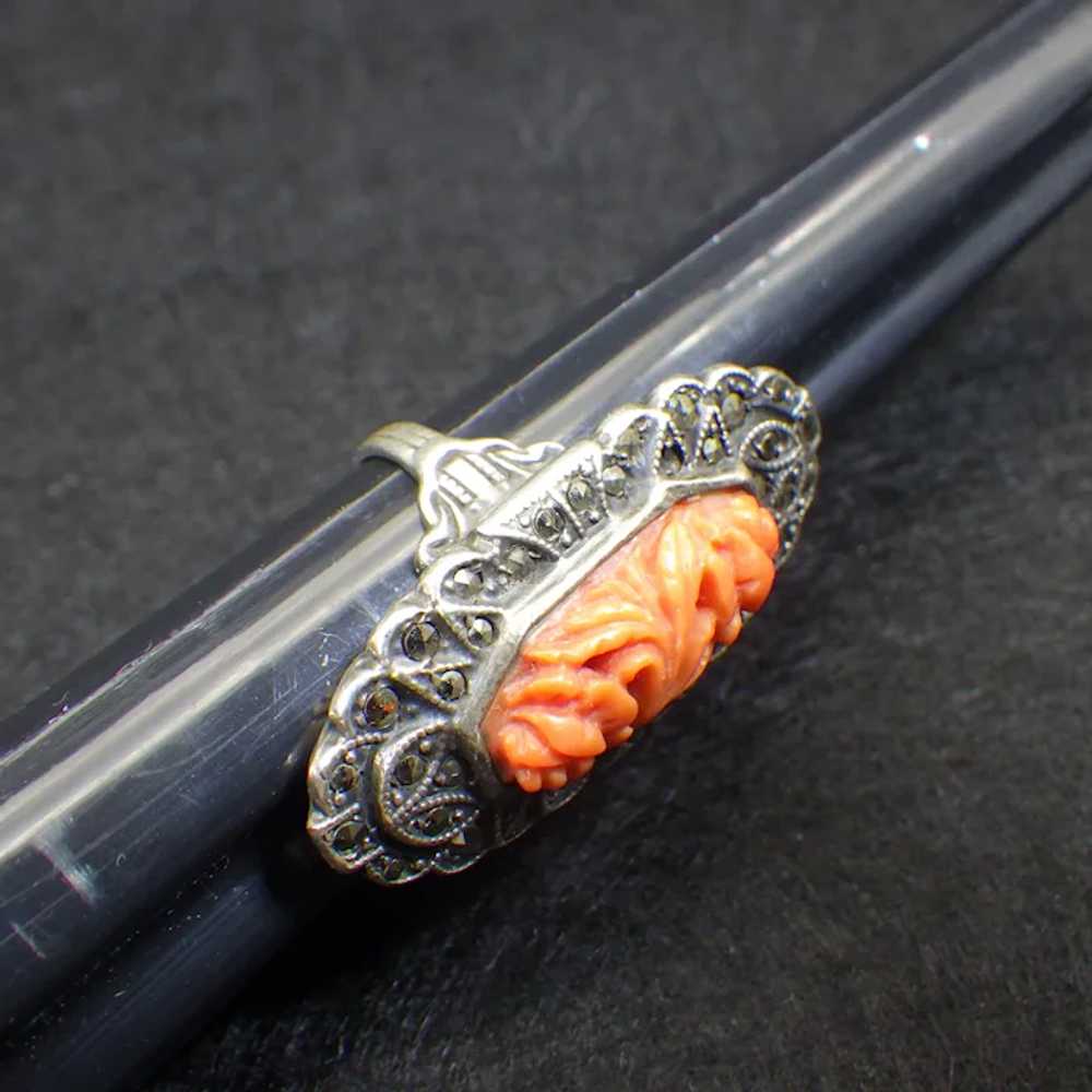 Carved Asian Angel Skin Coral and Marcasite Ring,… - image 8