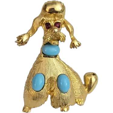 PELL Gold Tone Blue Oval Cabochon Poodle Dog Broo… - image 1