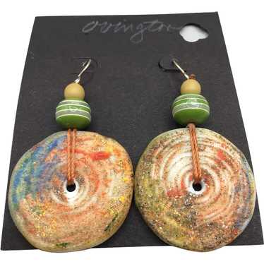 Pierced Swirls Dangle Earrings Ceramic Drops Green
