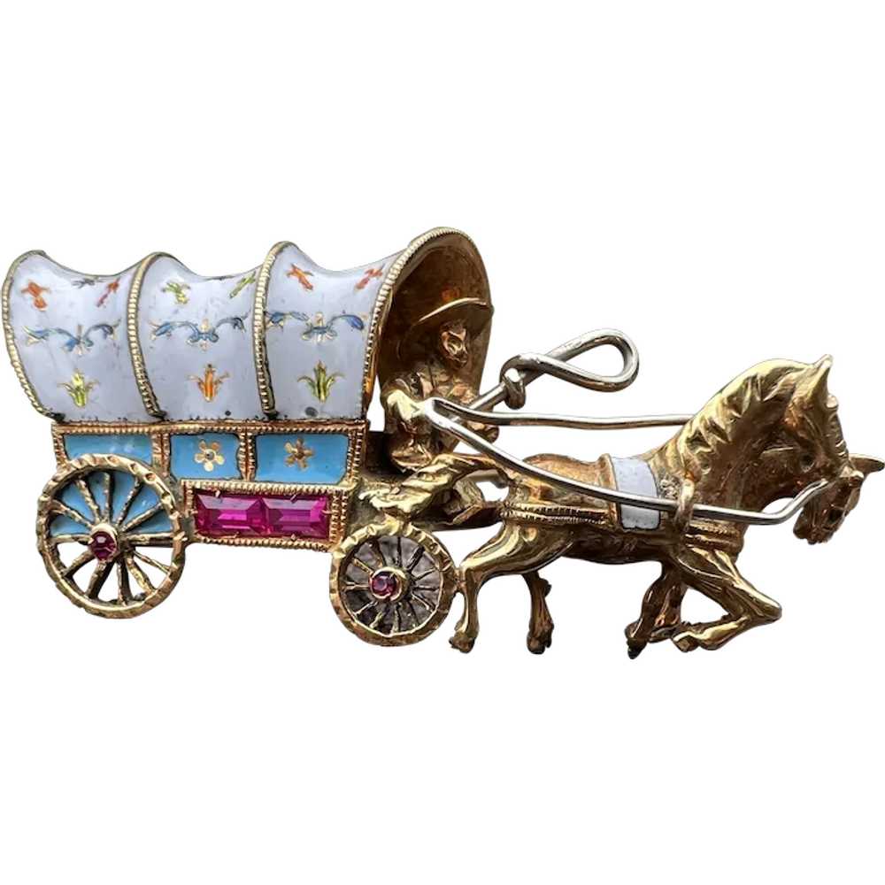 18K Yellow Gold and Enamel Horse Drawn Carriage B… - image 1