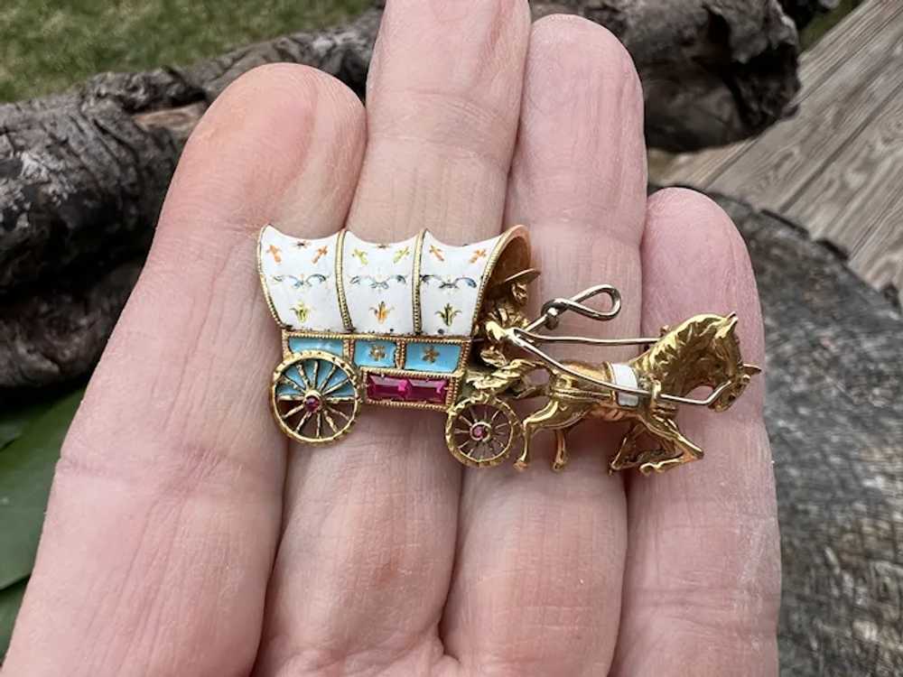 18K Yellow Gold and Enamel Horse Drawn Carriage B… - image 2