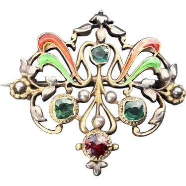 Antique Art Nouveau 9K, Silver, Emerald, Garnet &… - image 1