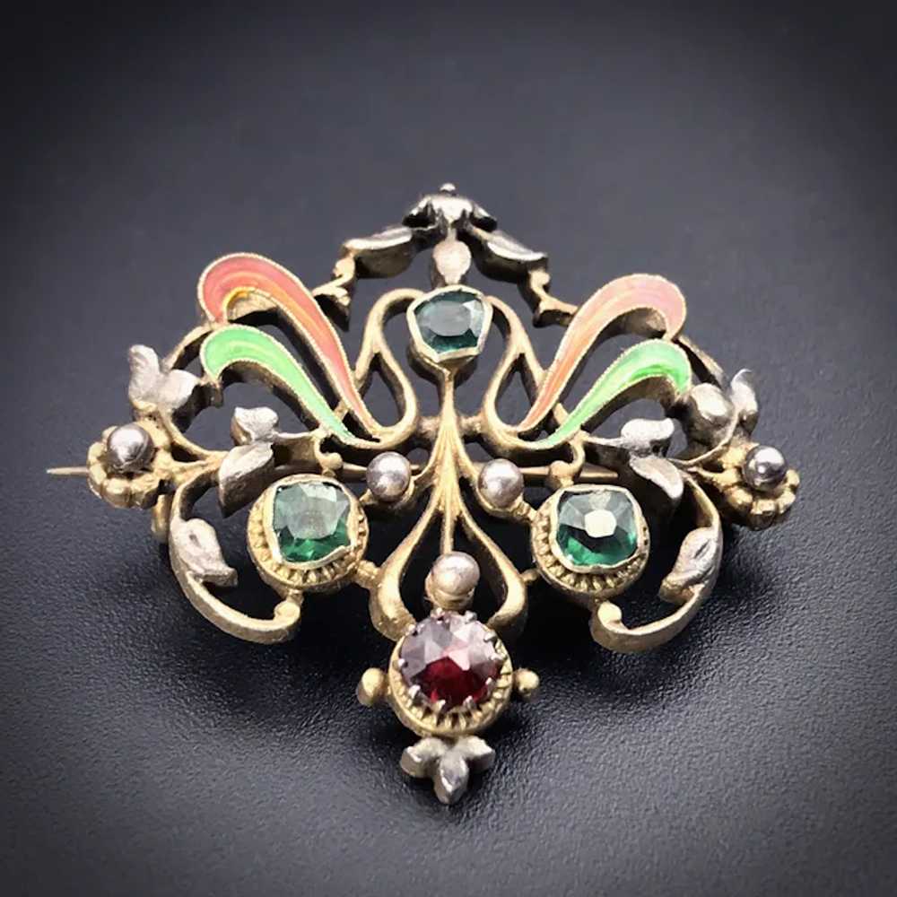 Antique Art Nouveau 9K, Silver, Emerald, Garnet &… - image 2