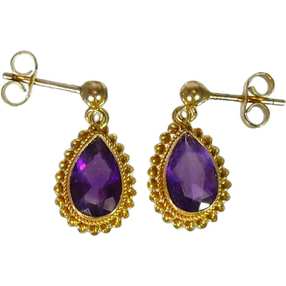 Vintage 9ct yellow gold Amethyst drop earrings - image 1