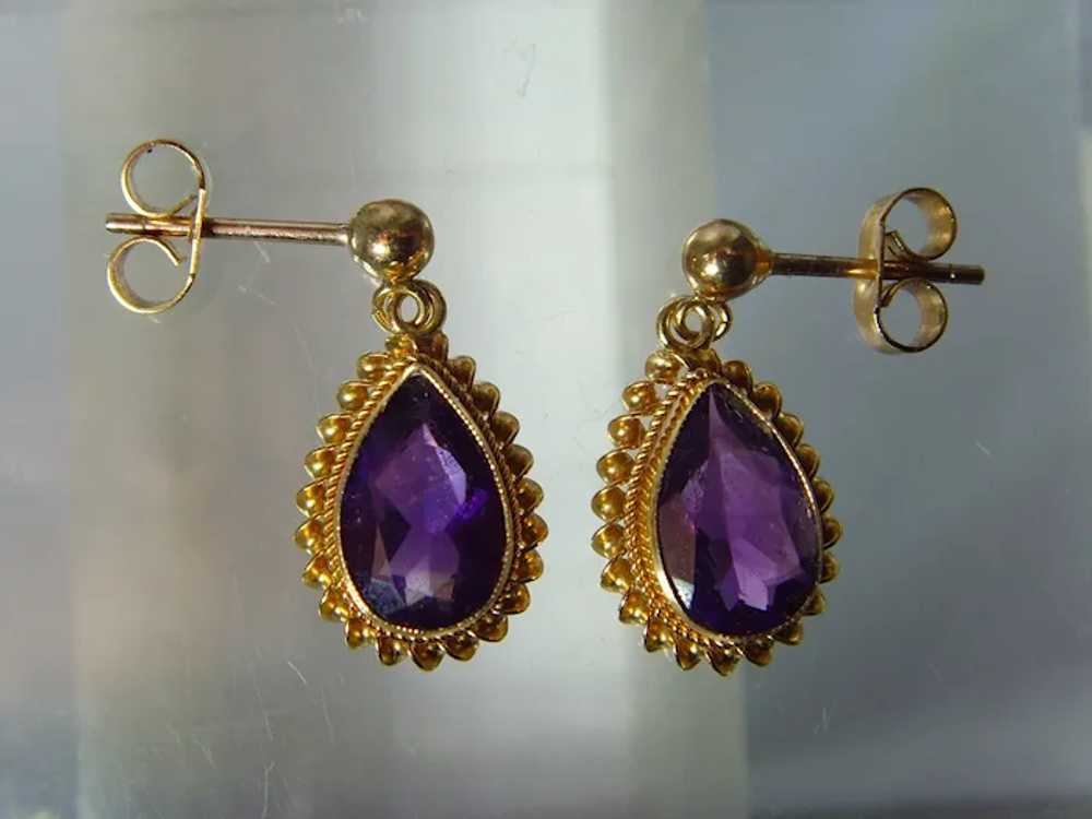 Vintage 9ct yellow gold Amethyst drop earrings - image 2