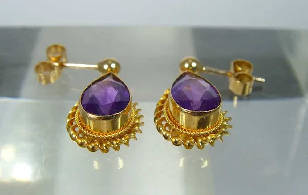 Vintage 9ct yellow gold Amethyst drop earrings - image 3