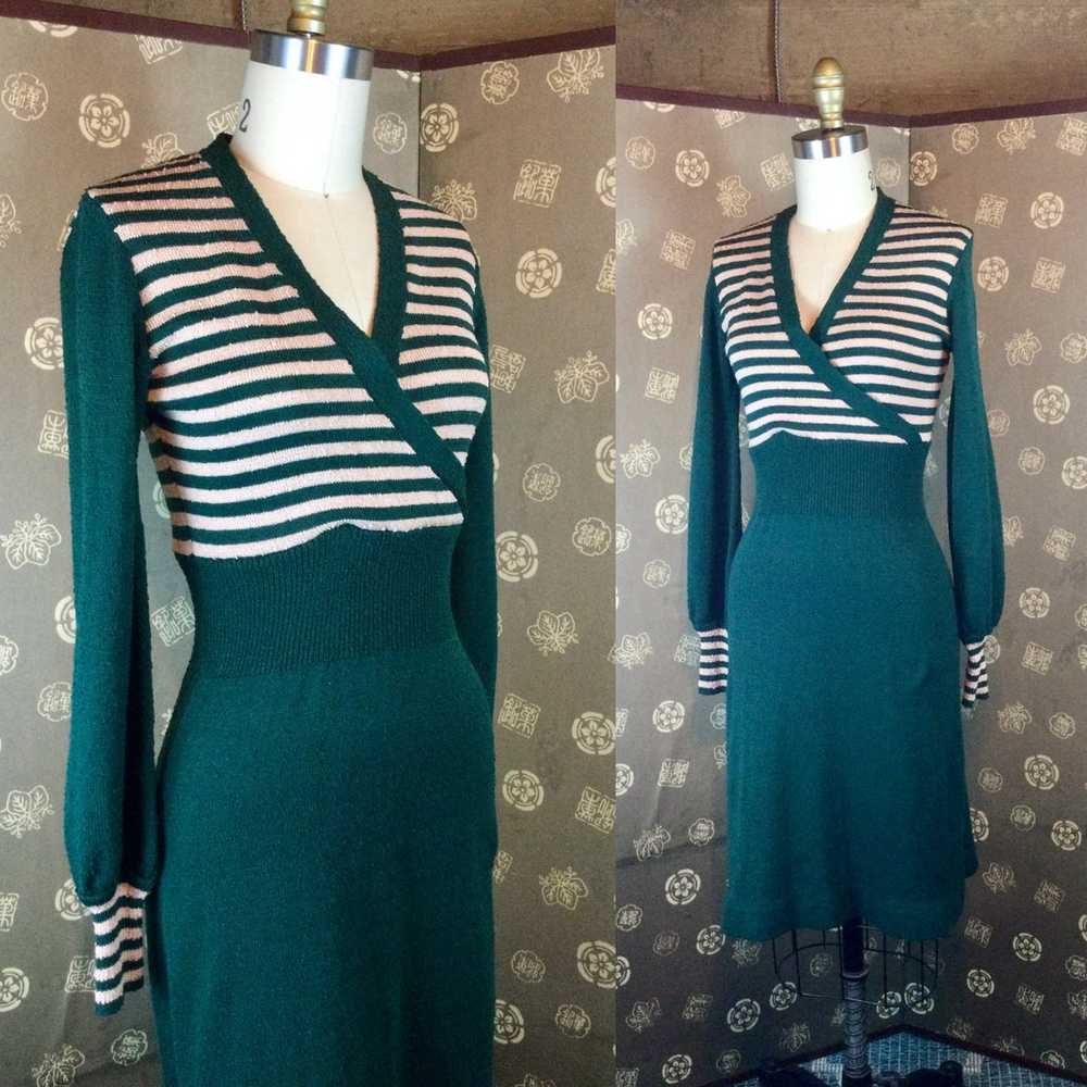 70s does 30s Forest Green Knit Dress - image 1