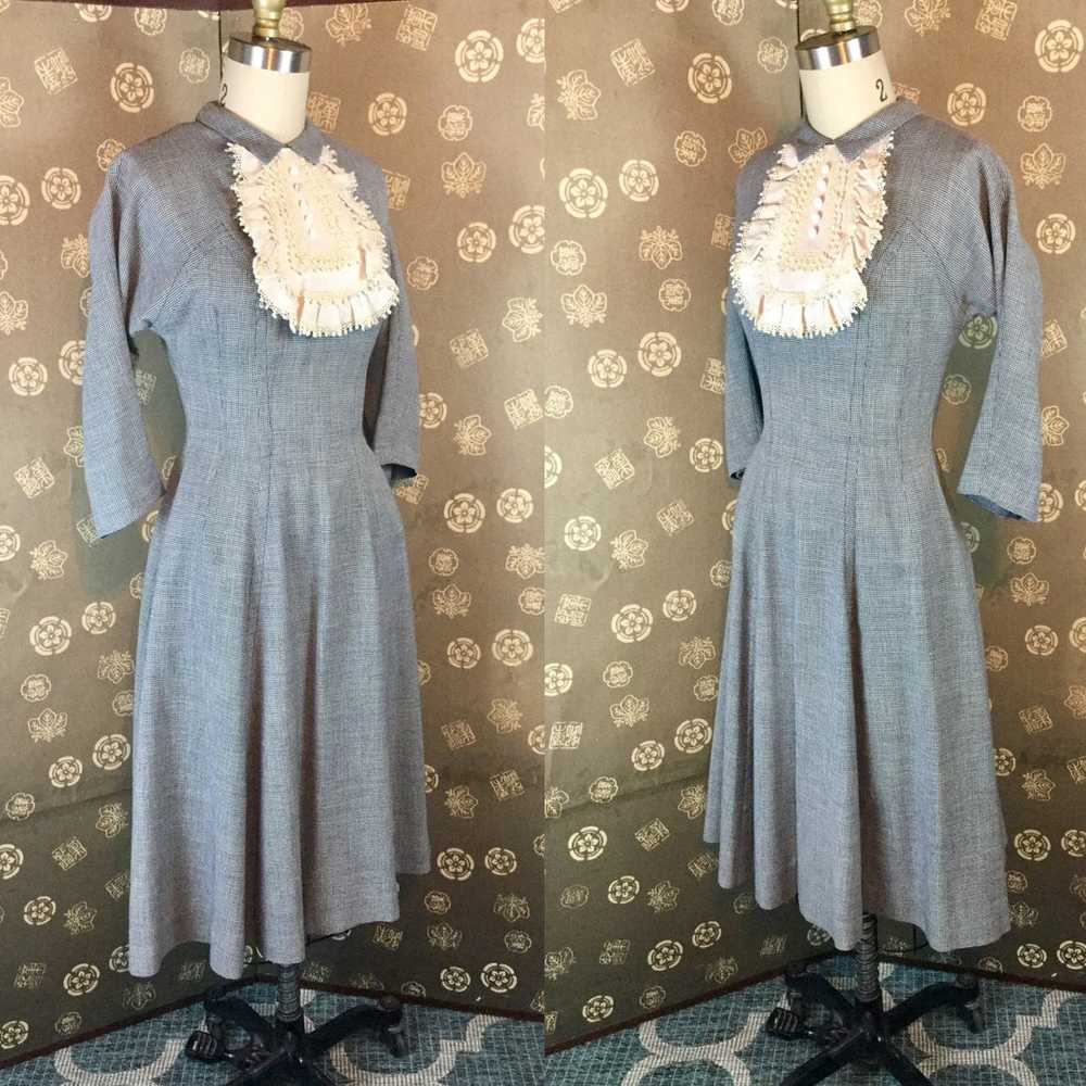 1950s Houndstooth Dress with Lace Bib - image 1