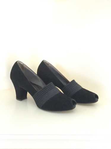 1940s Peeptoe Black Suede Pumps