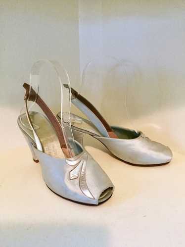 1940s Seafoam Satin and Silver Slippers