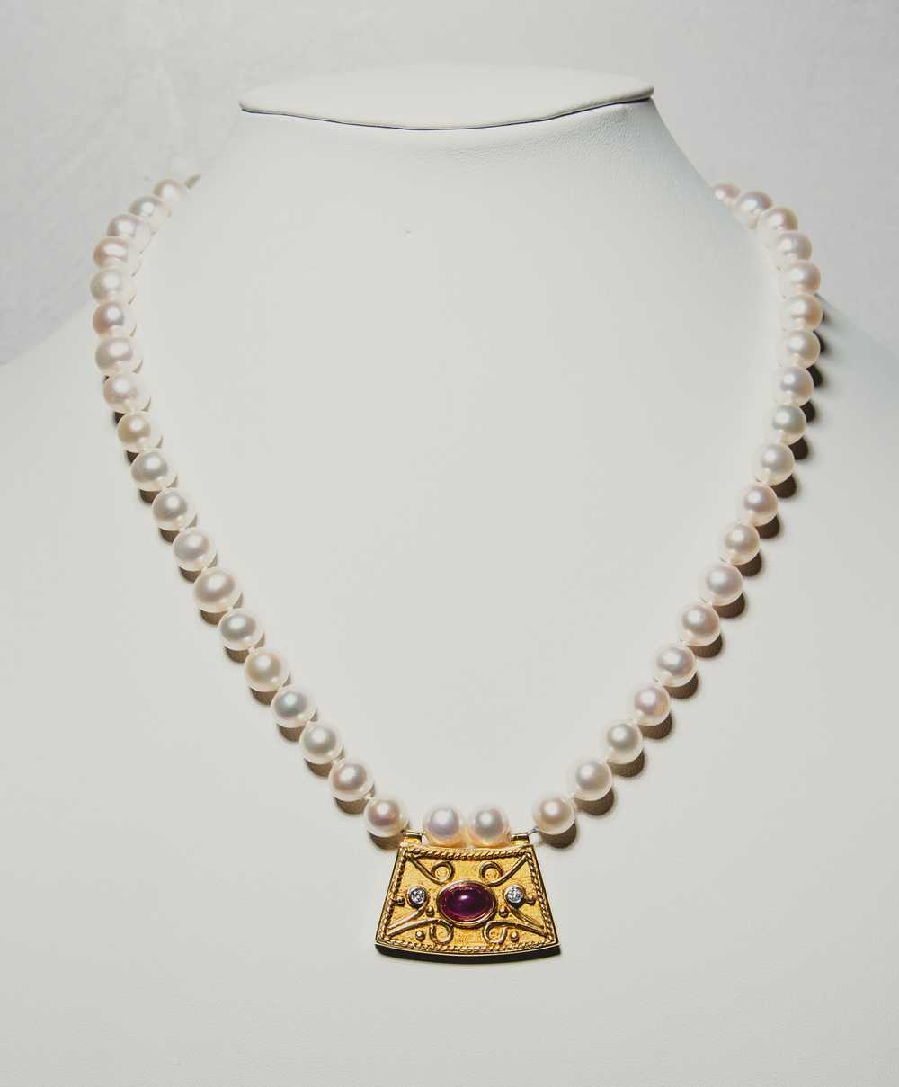 Pearl Necklace with Gold and Ruby Pendant - image 1