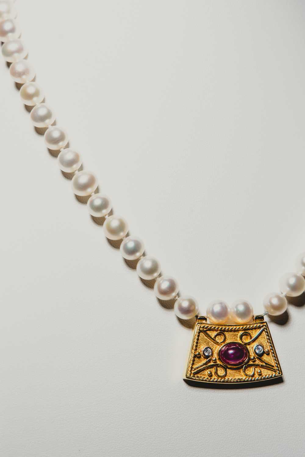 Pearl Necklace with Gold and Ruby Pendant - image 2