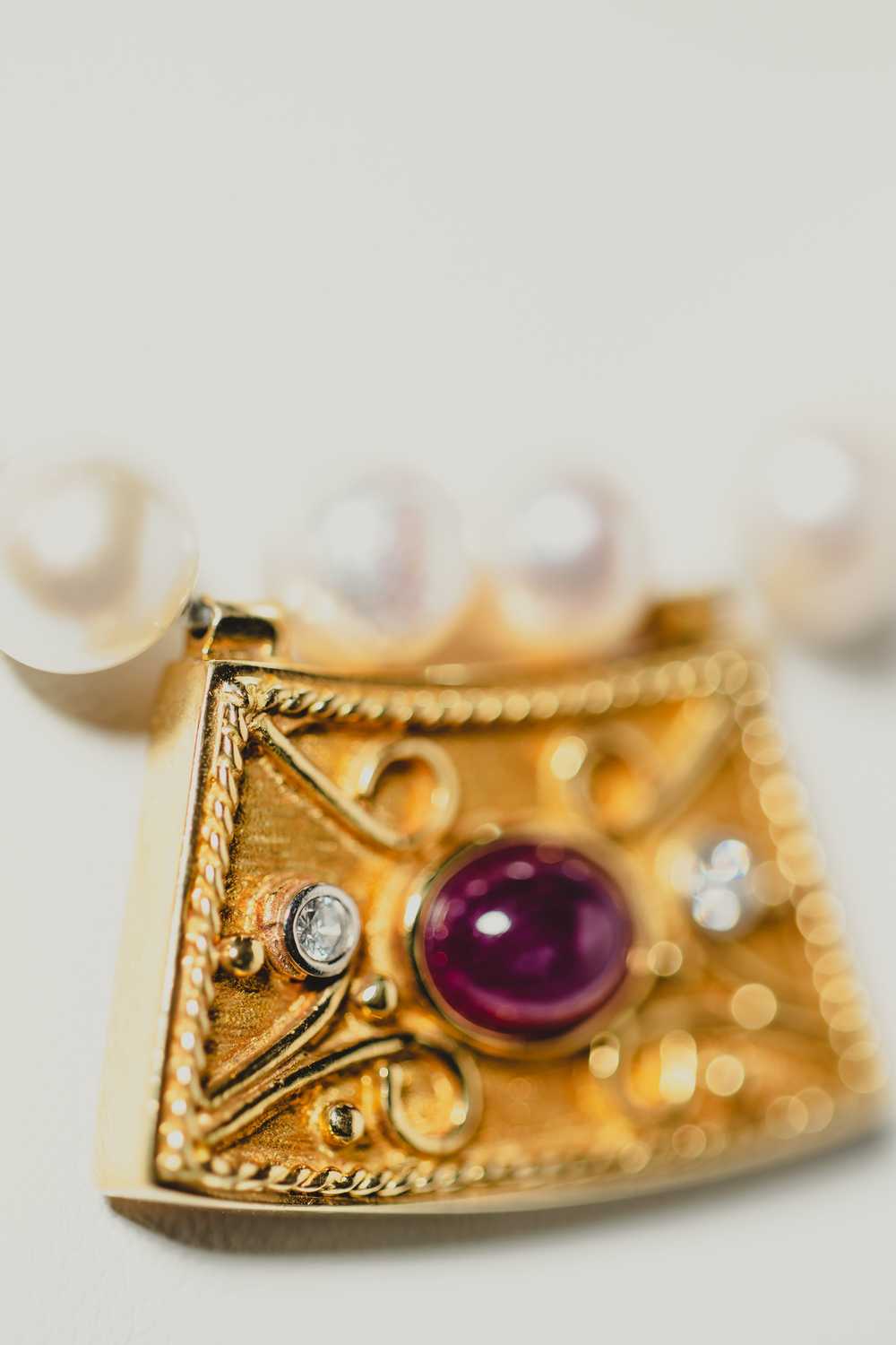 Pearl Necklace with Gold and Ruby Pendant - image 3