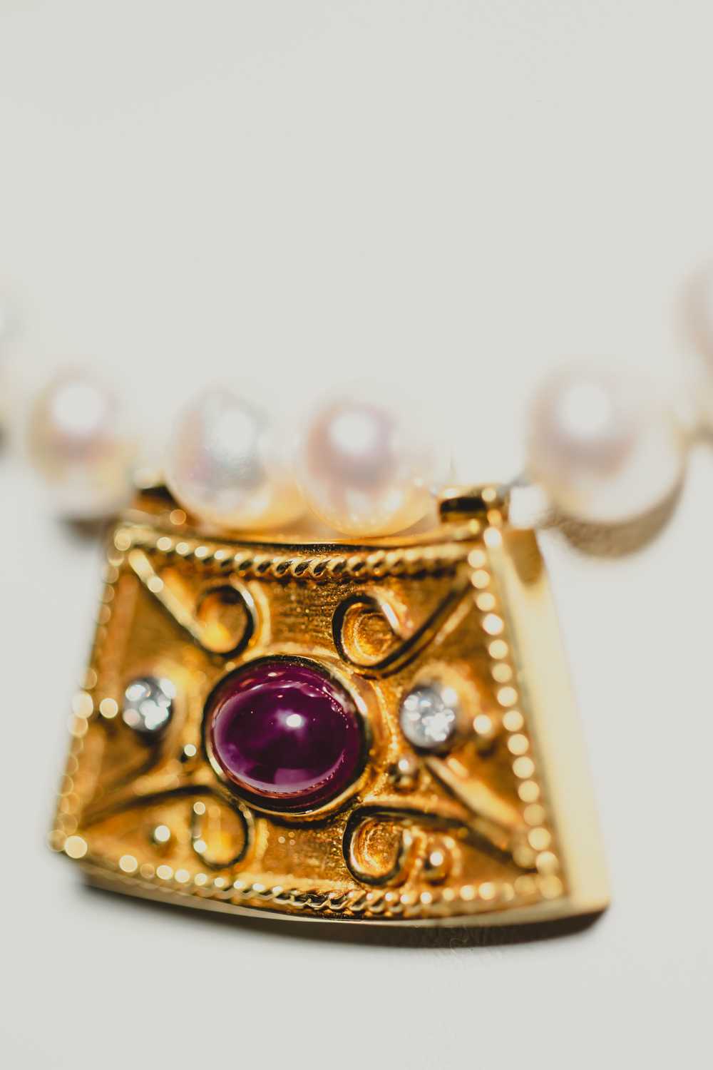 Pearl Necklace with Gold and Ruby Pendant - image 4