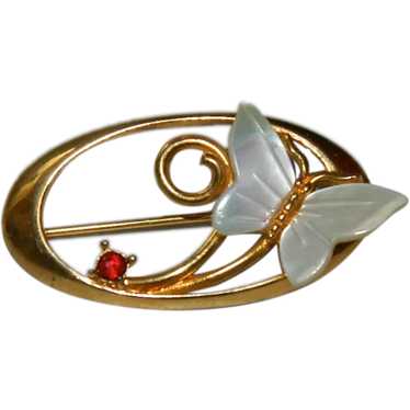 Designer Signed Mother of Pearl Butterfly Brooch - image 1