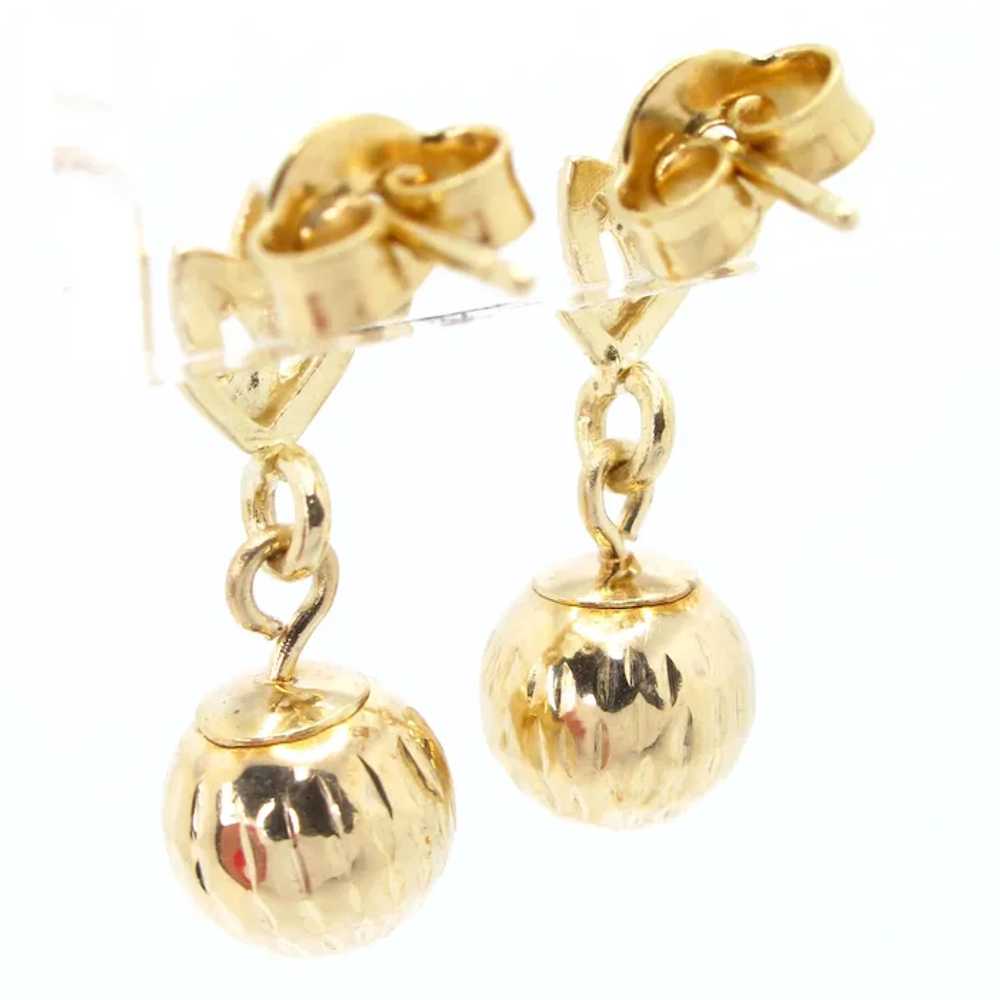 14k Yellow Gold Drop Diamond Cut Ball Earrings - image 3