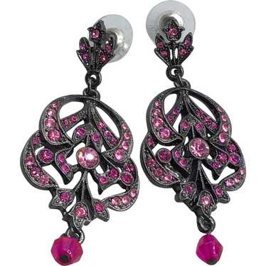 Pink Dangles Earrings Drops Rhinestones Art Nouvea