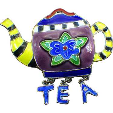 Unsigned ZARAH, Sterling and Enamel Tea Pot Brooch