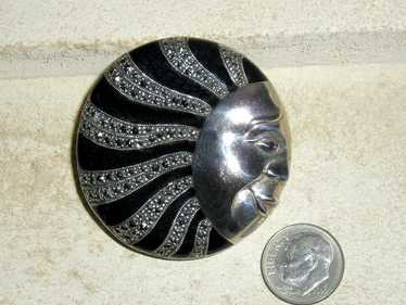 Signed Vintage Sterling Moon Or Sun Face Brooch P… - image 1