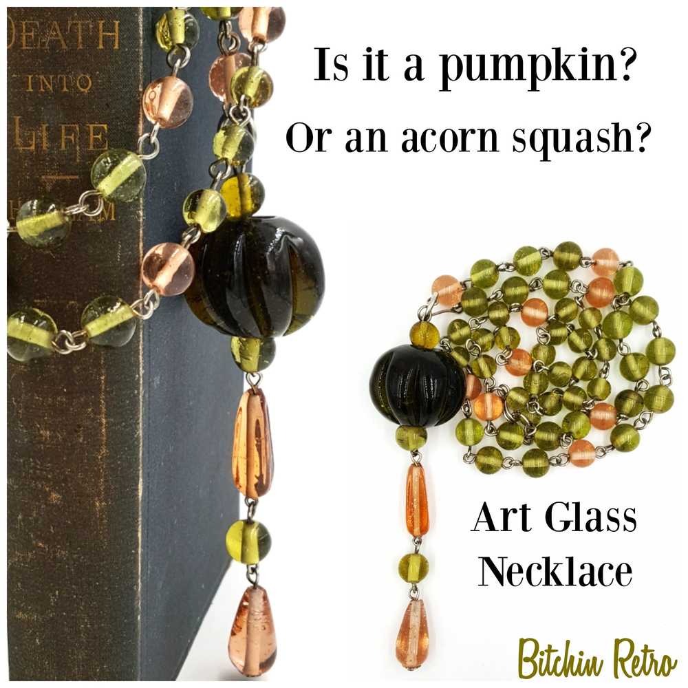 Art Glass Pumpkin Pendant and Beaded Necklace Avo… - image 2
