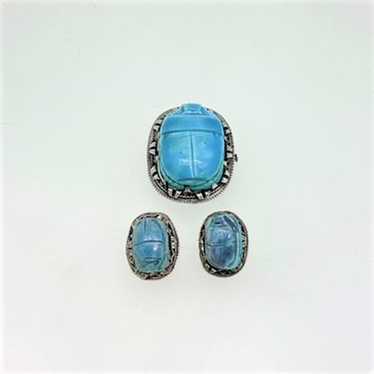 Antique Egyptian Turquoise Scarab With Sterling S… - image 1